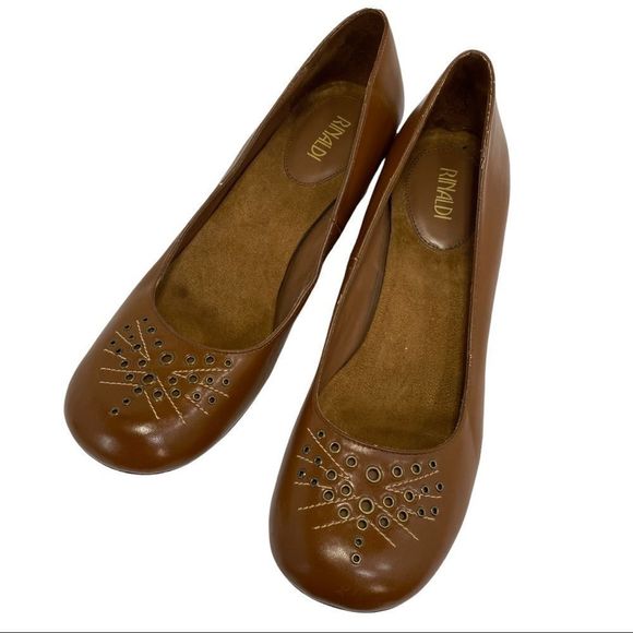 Rinaldi Brown Faux Leather 1.5” Round Toe Wedge Shoe Heel Boho - Picture 1 of 10